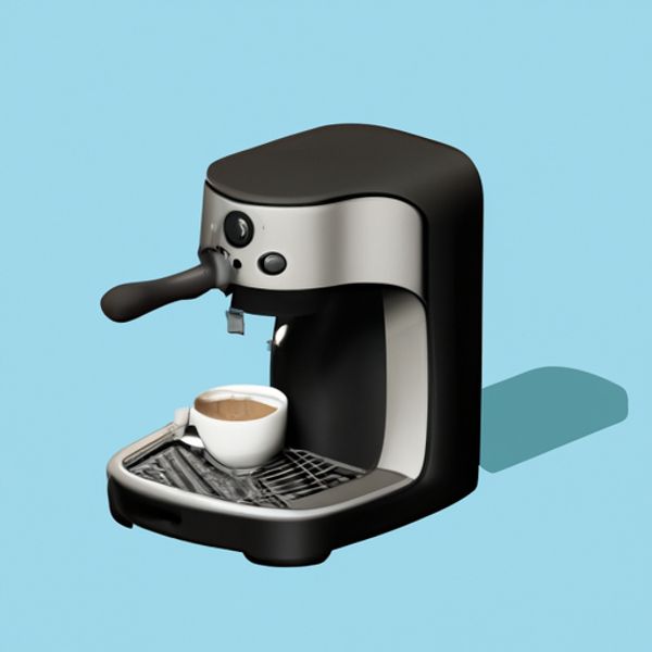 תמונה של מכונת קפה ביתית אלגנטית ומודרנית עם פולי קפה טחונים טריים.